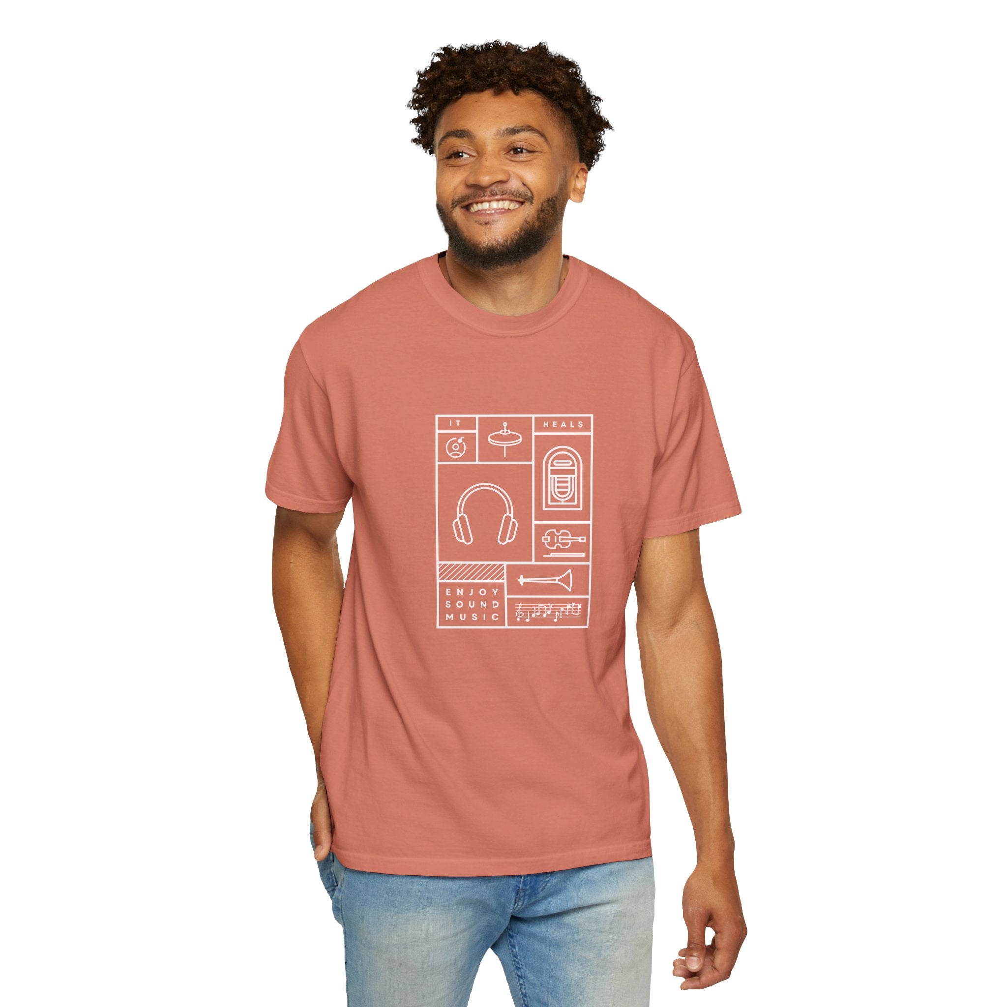 Leafen Music Heals Unisex Garment-Dyed T-shirt, Casual Wear, Summer Vibe, Gift for Friends, Relaxed Everyday Style