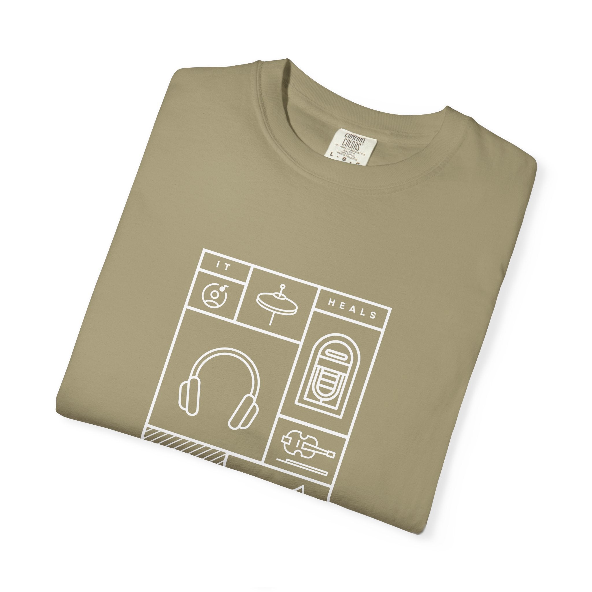 Leafen Music Heals Unisex Garment-Dyed T-shirt, Casual Wear, Summer Vibe, Gift for Friends, Relaxed Everyday Style