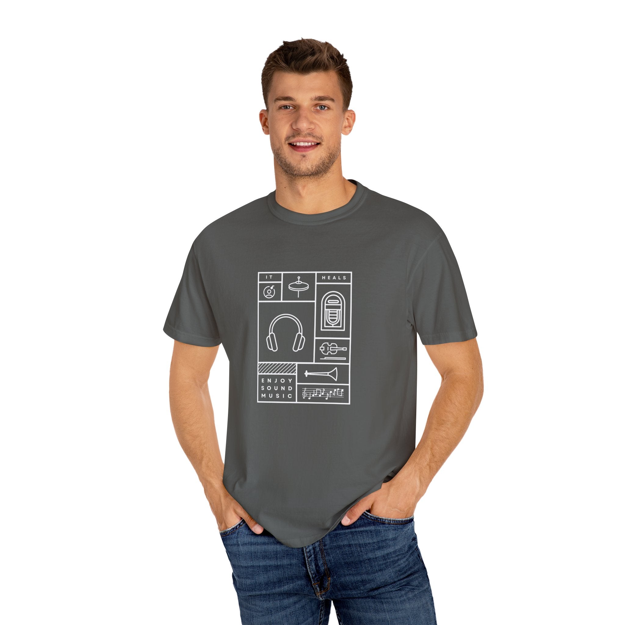 Leafen Music Heals Unisex Garment-Dyed T-shirt, Casual Wear, Summer Vibe, Gift for Friends, Relaxed Everyday Style