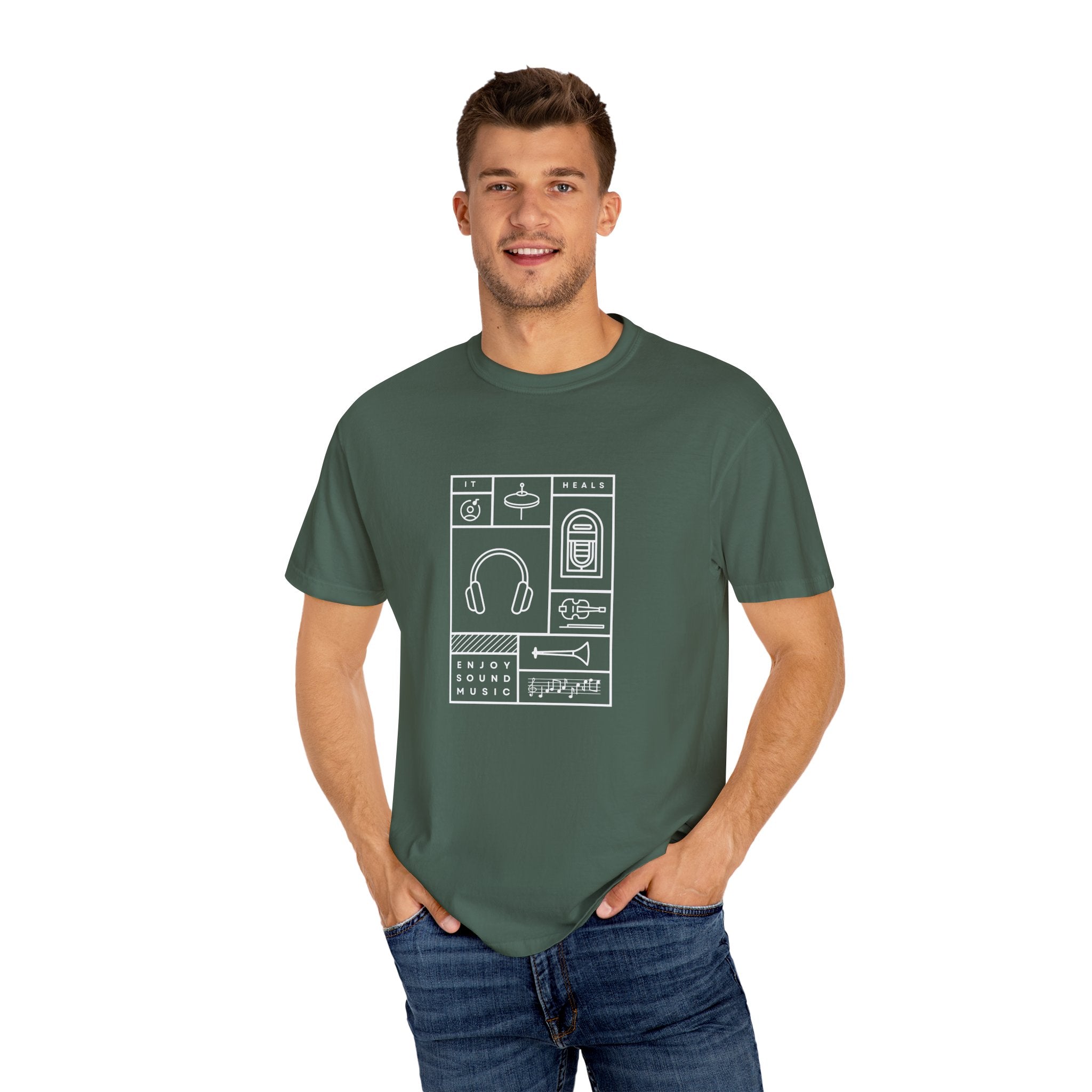 Leafen Music Heals Unisex Garment-Dyed T-shirt, Casual Wear, Summer Vibe, Gift for Friends, Relaxed Everyday Style