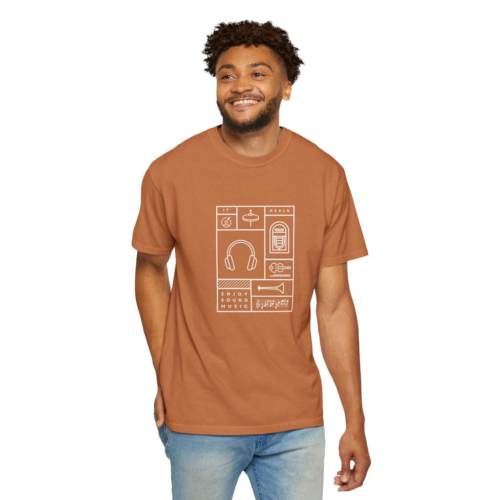 Leafen Music Heals Unisex Garment-Dyed T-shirt, Casual Wear, Summer Vibe, Gift for Friends, Relaxed Everyday Style