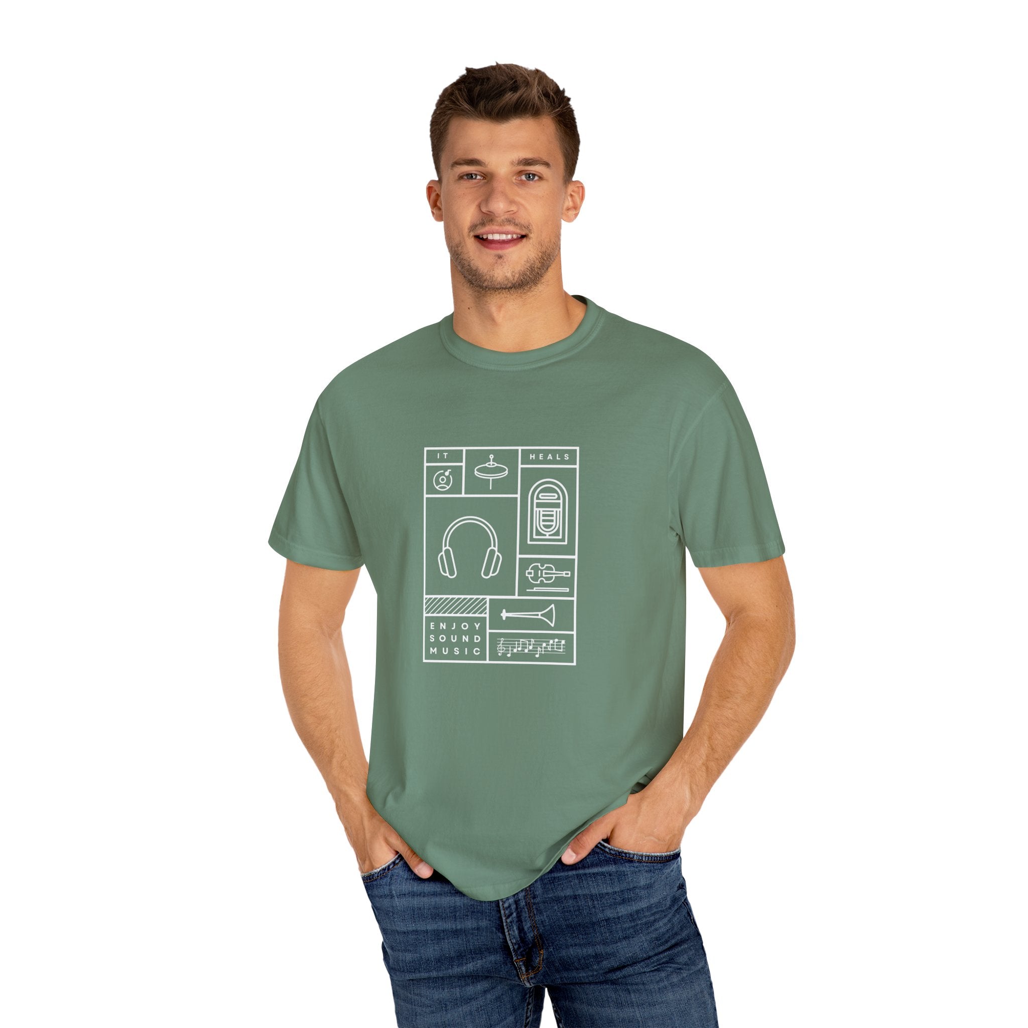Leafen Music Heals Unisex Garment-Dyed T-shirt, Casual Wear, Summer Vibe, Gift for Friends, Relaxed Everyday Style