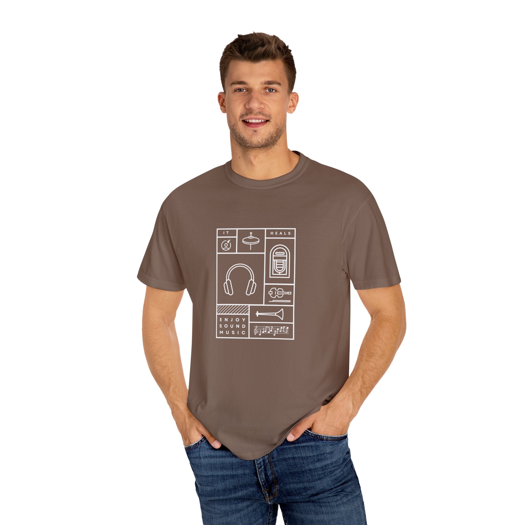 Leafen Music Heals Unisex Garment-Dyed T-shirt, Casual Wear, Summer Vibe, Gift for Friends, Relaxed Everyday Style