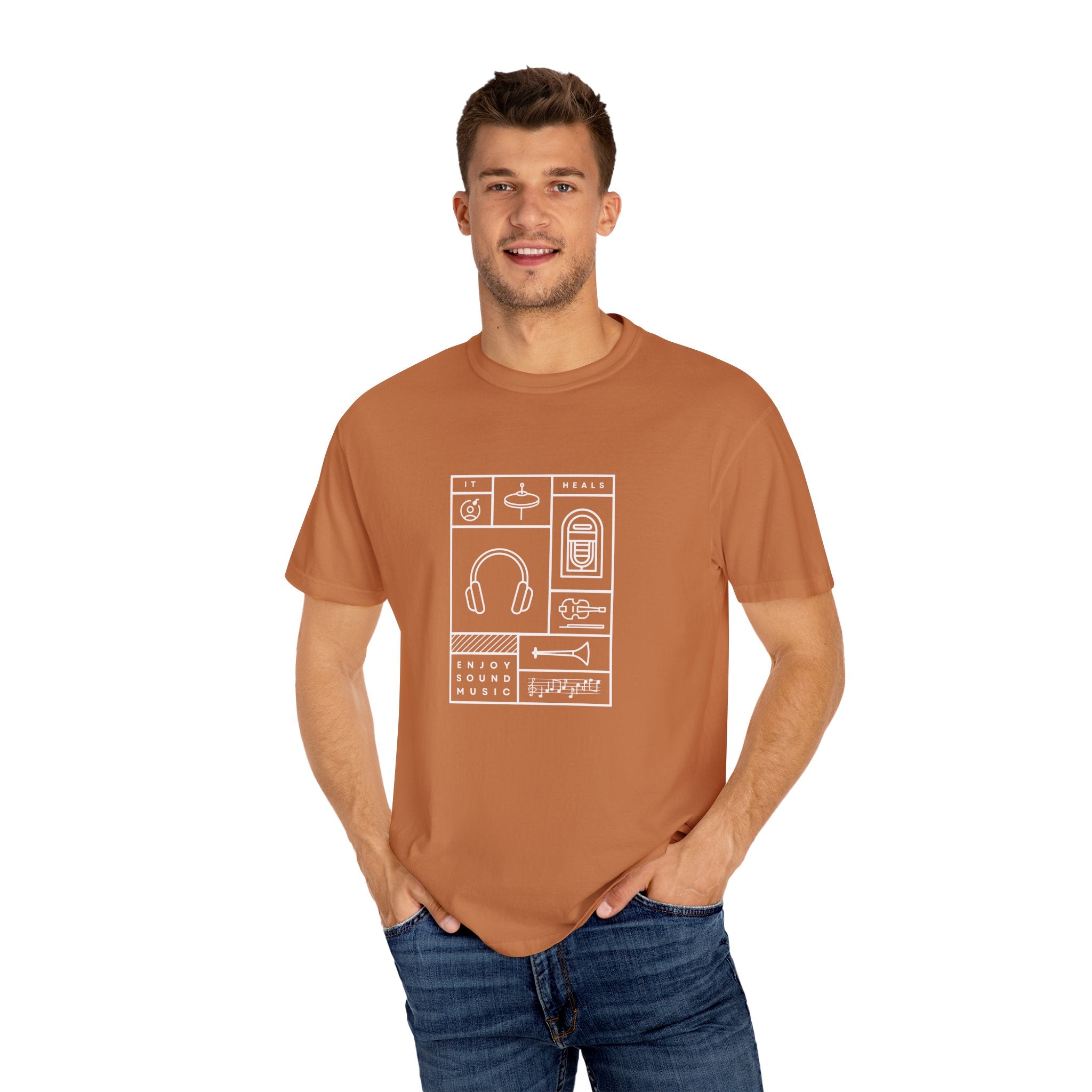 Leafen Music Heals Unisex Garment-Dyed T-shirt, Casual Wear, Summer Vibe, Gift for Friends, Relaxed Everyday Style