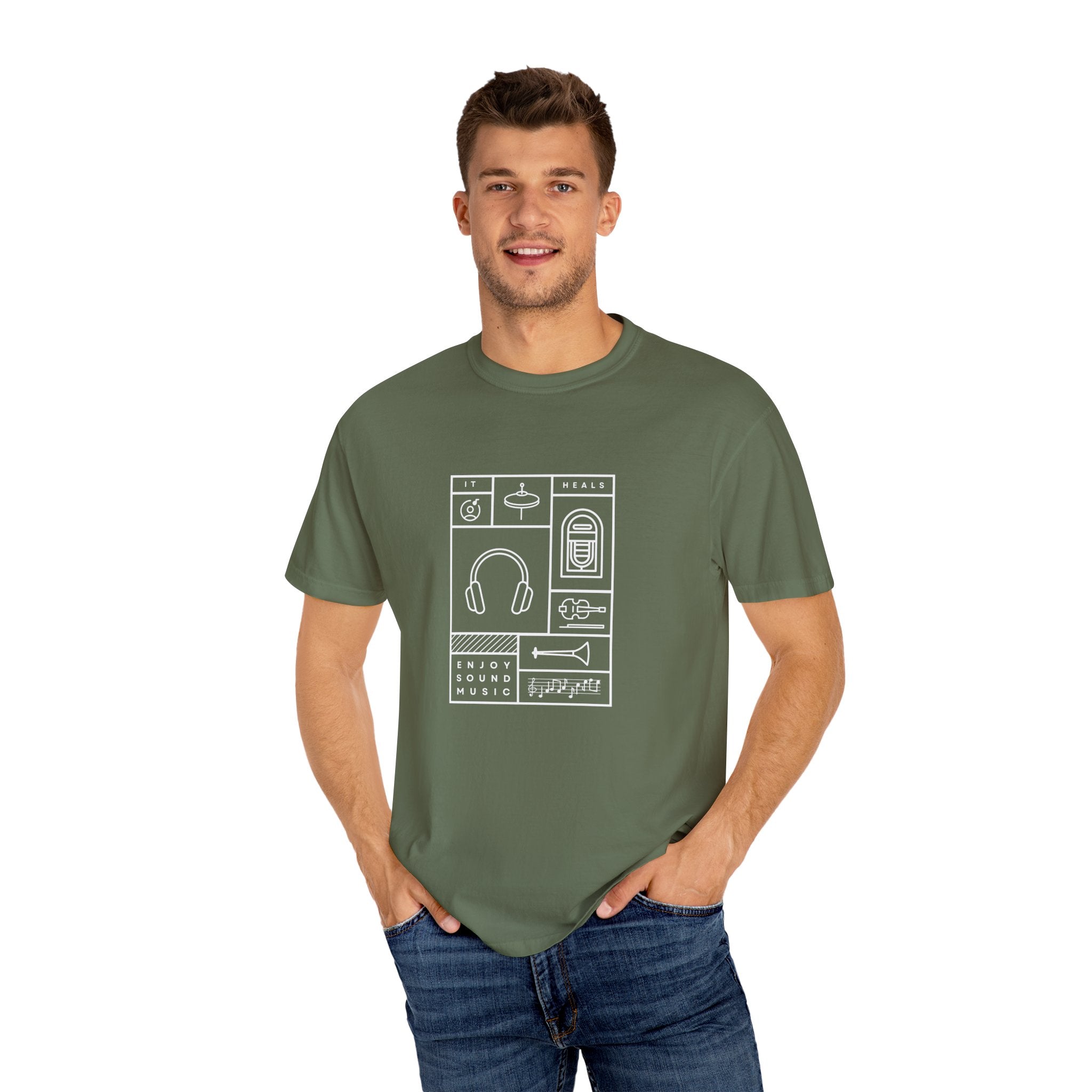 Leafen Music Heals Unisex Garment-Dyed T-shirt, Casual Wear, Summer Vibe, Gift for Friends, Relaxed Everyday Style