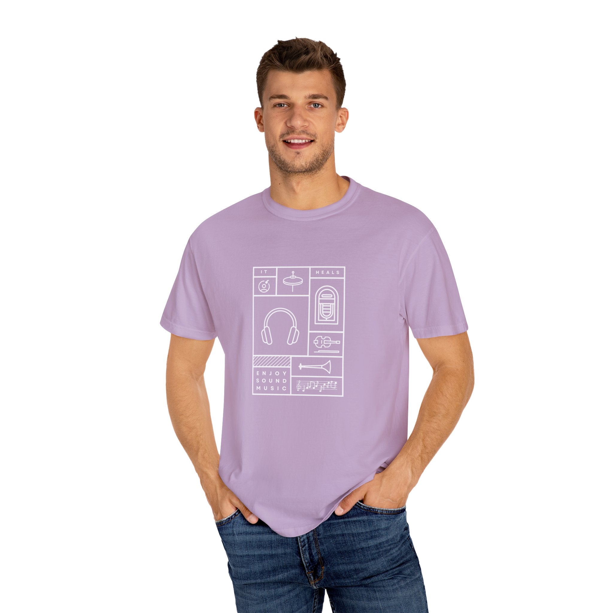 Leafen Music Heals Unisex Garment-Dyed T-shirt, Casual Wear, Summer Vibe, Gift for Friends, Relaxed Everyday Style