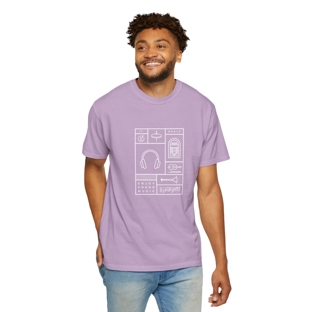 Leafen Music Heals Unisex Garment-Dyed T-shirt, Casual Wear, Summer Vibe, Gift for Friends, Relaxed Everyday Style
