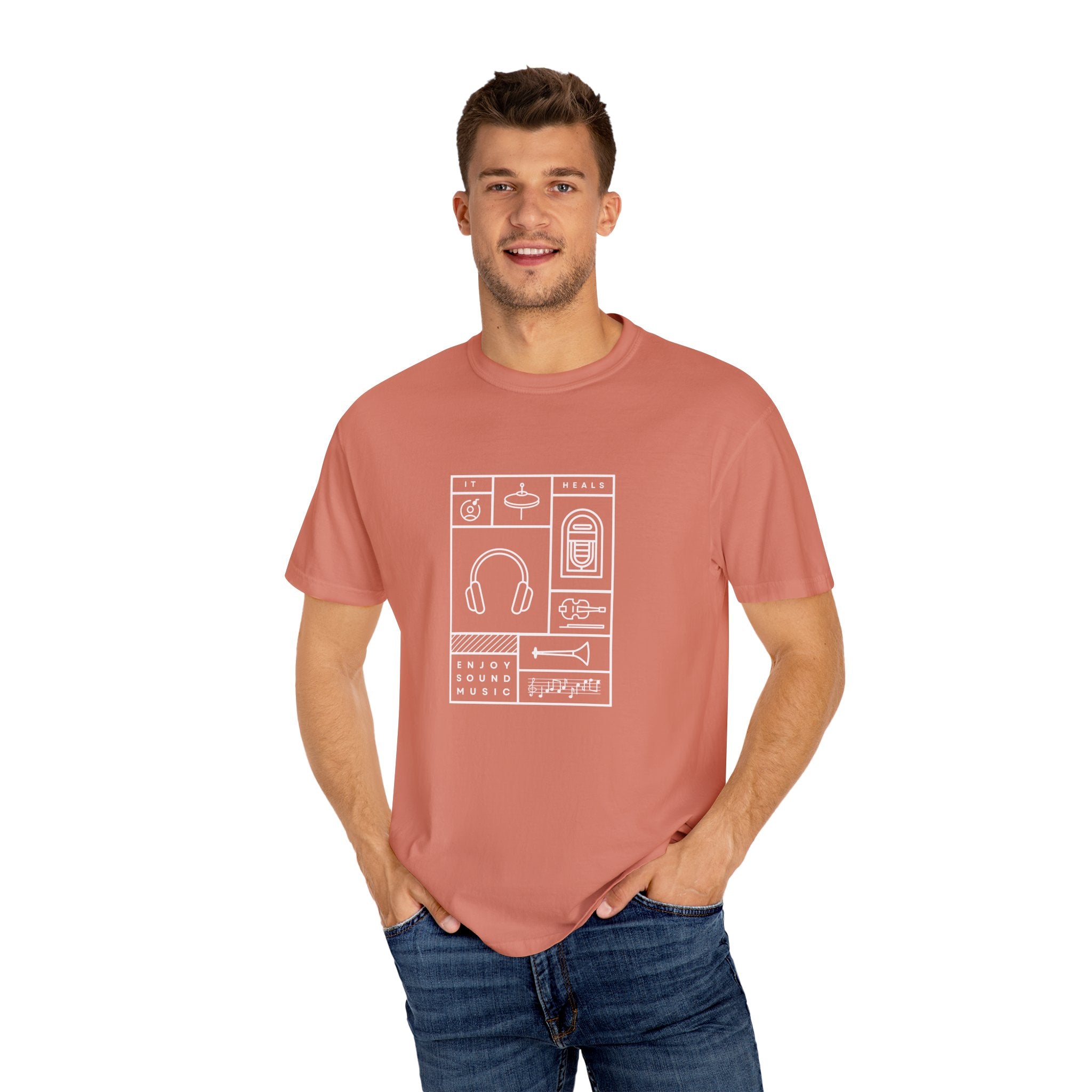 Leafen Music Heals Unisex Garment-Dyed T-shirt, Casual Wear, Summer Vibe, Gift for Friends, Relaxed Everyday Style