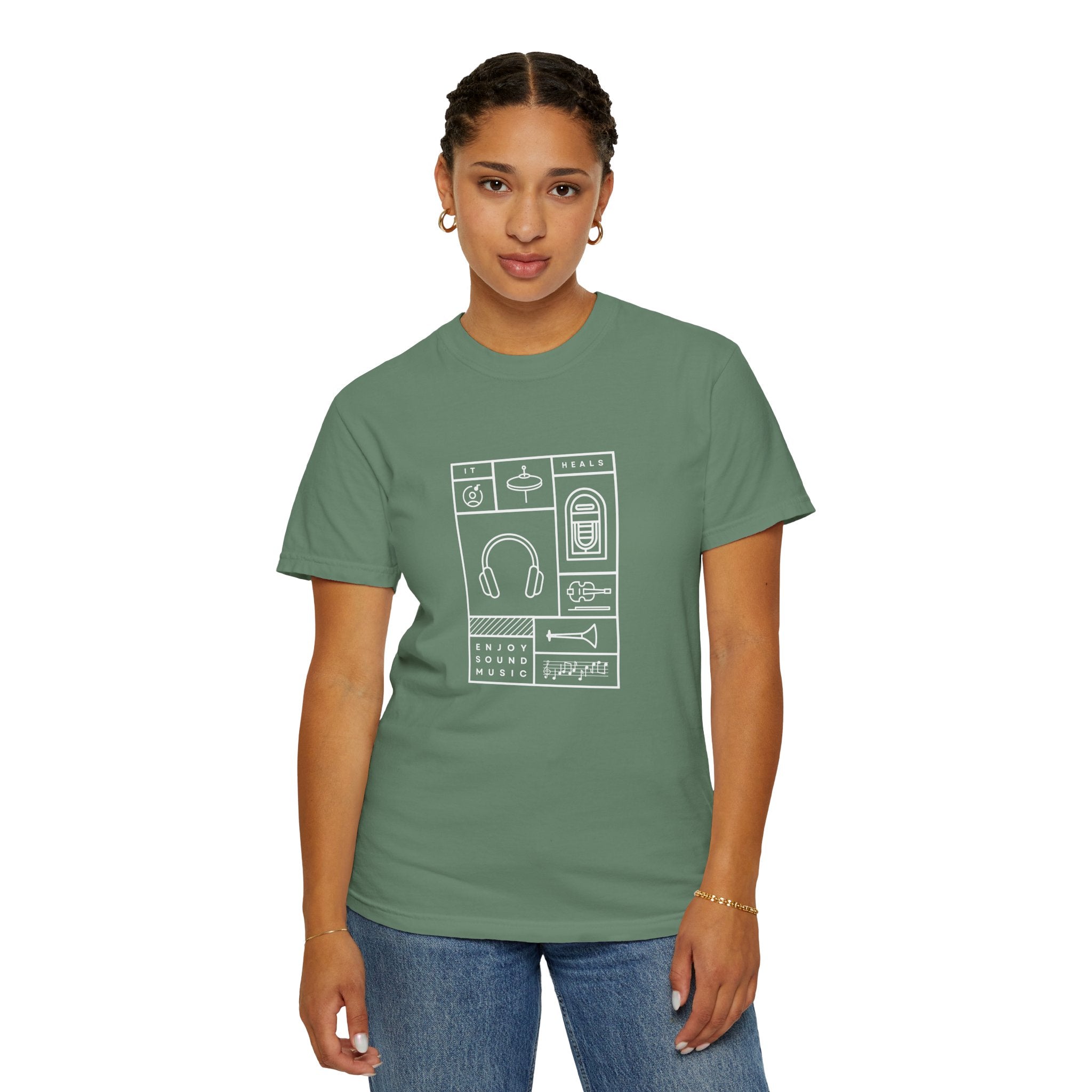 Leafen Music Heals Unisex Garment-Dyed T-shirt, Casual Wear, Summer Vibe, Gift for Friends, Relaxed Everyday Style
