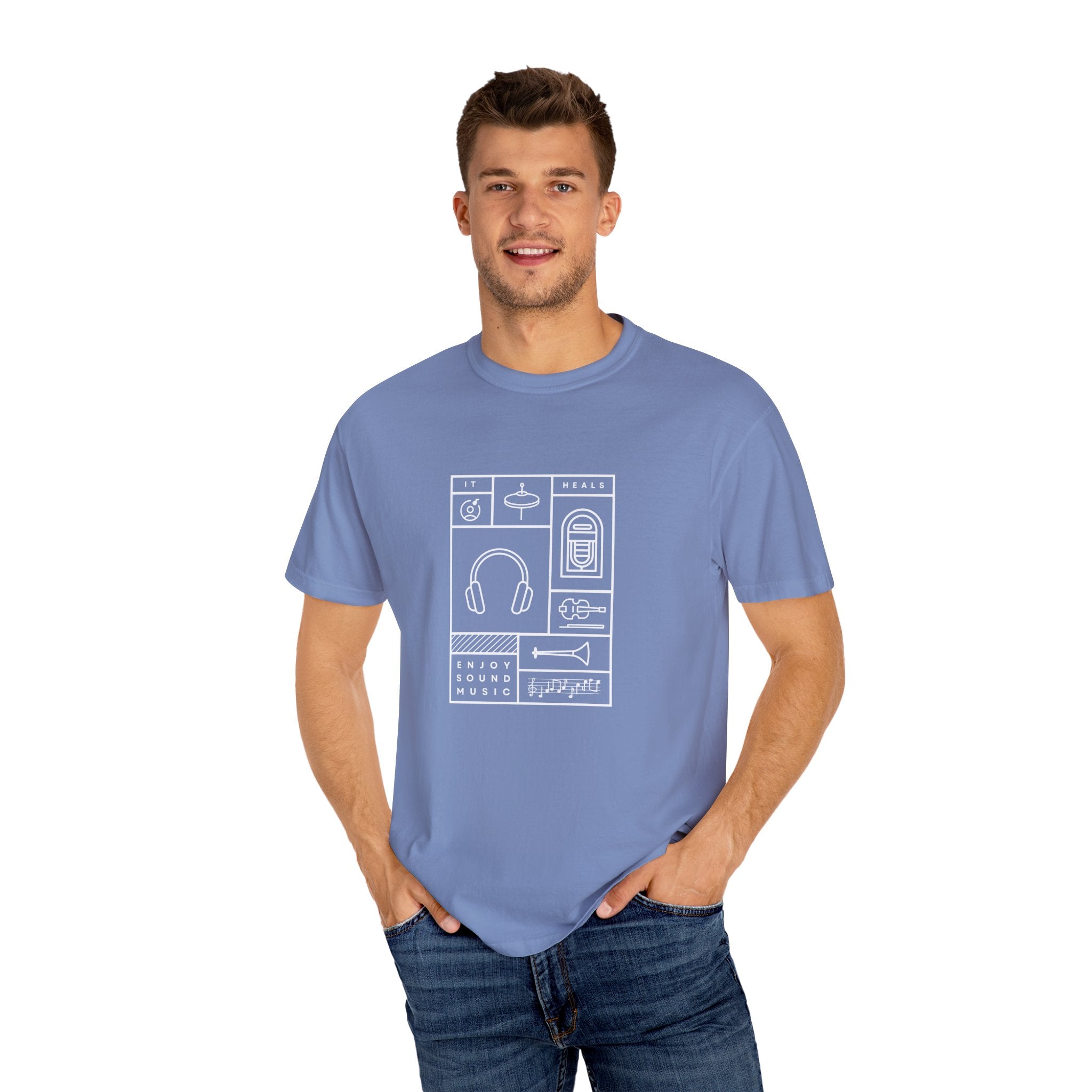Leafen Music Heals Unisex Garment-Dyed T-shirt, Casual Wear, Summer Vibe, Gift for Friends, Relaxed Everyday Style