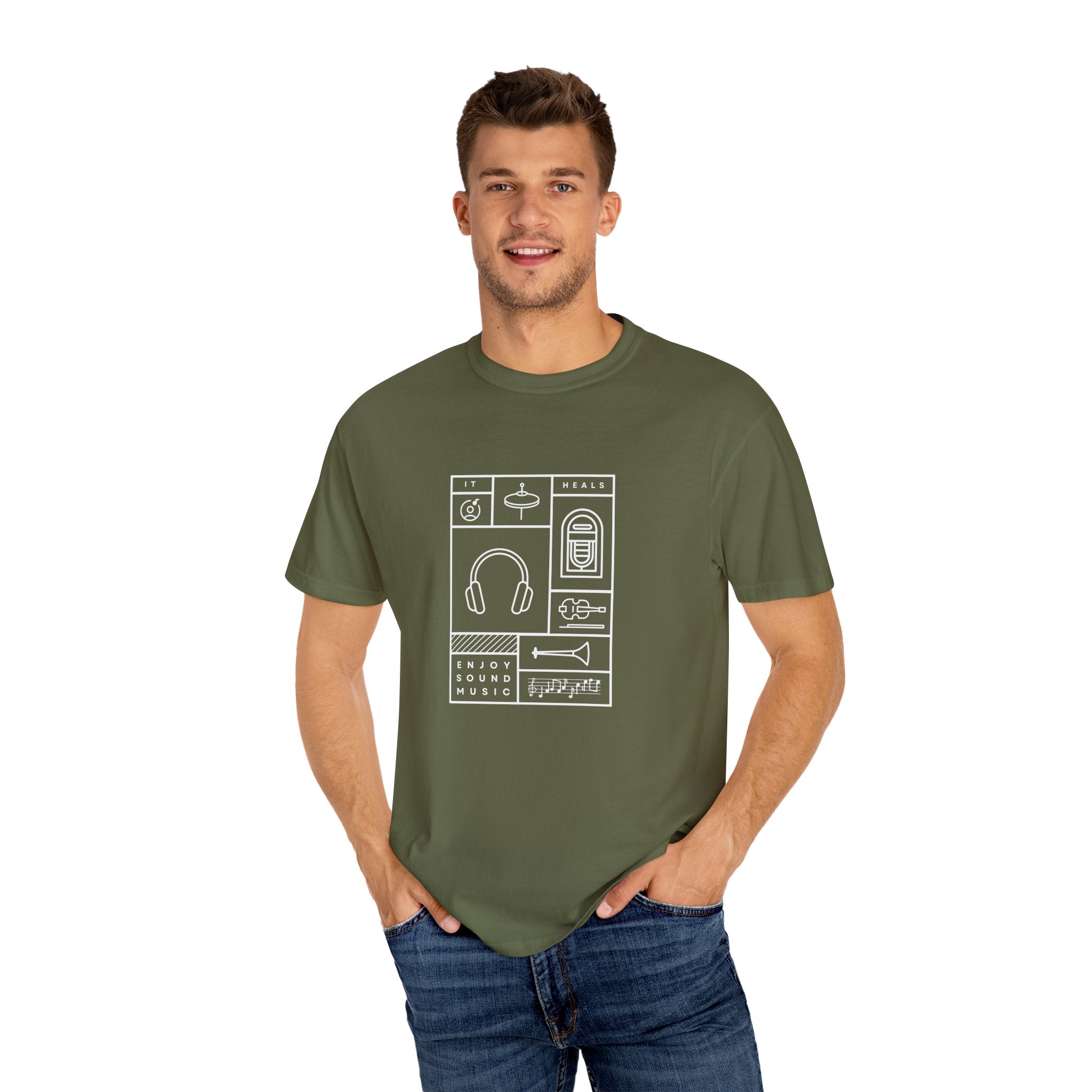 Leafen Music Heals Unisex Garment-Dyed T-shirt, Casual Wear, Summer Vibe, Gift for Friends, Relaxed Everyday Style