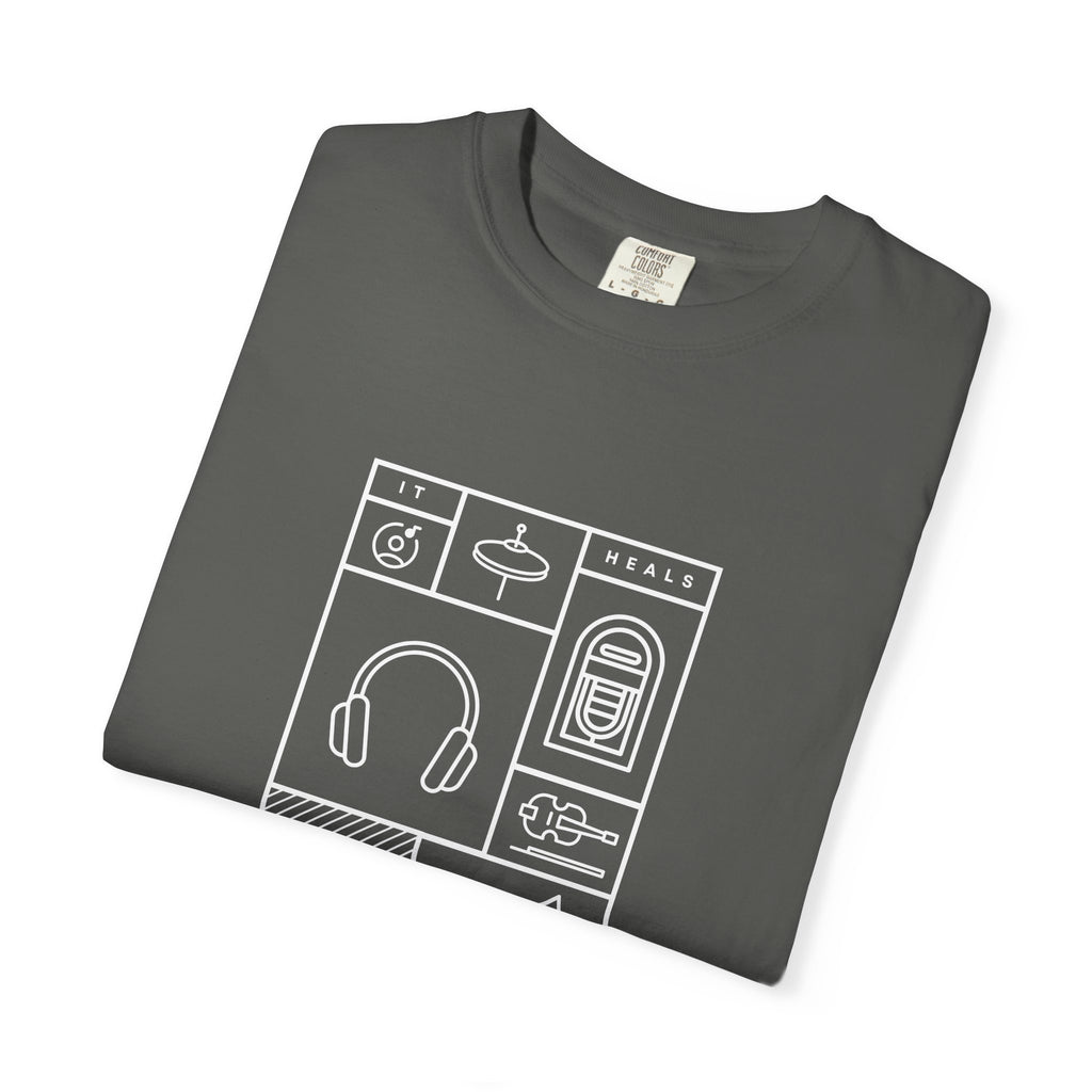Leafen Music Heals Unisex Garment-Dyed T-shirt, Casual Wear, Summer Vibe, Gift for Friends, Relaxed Everyday Style