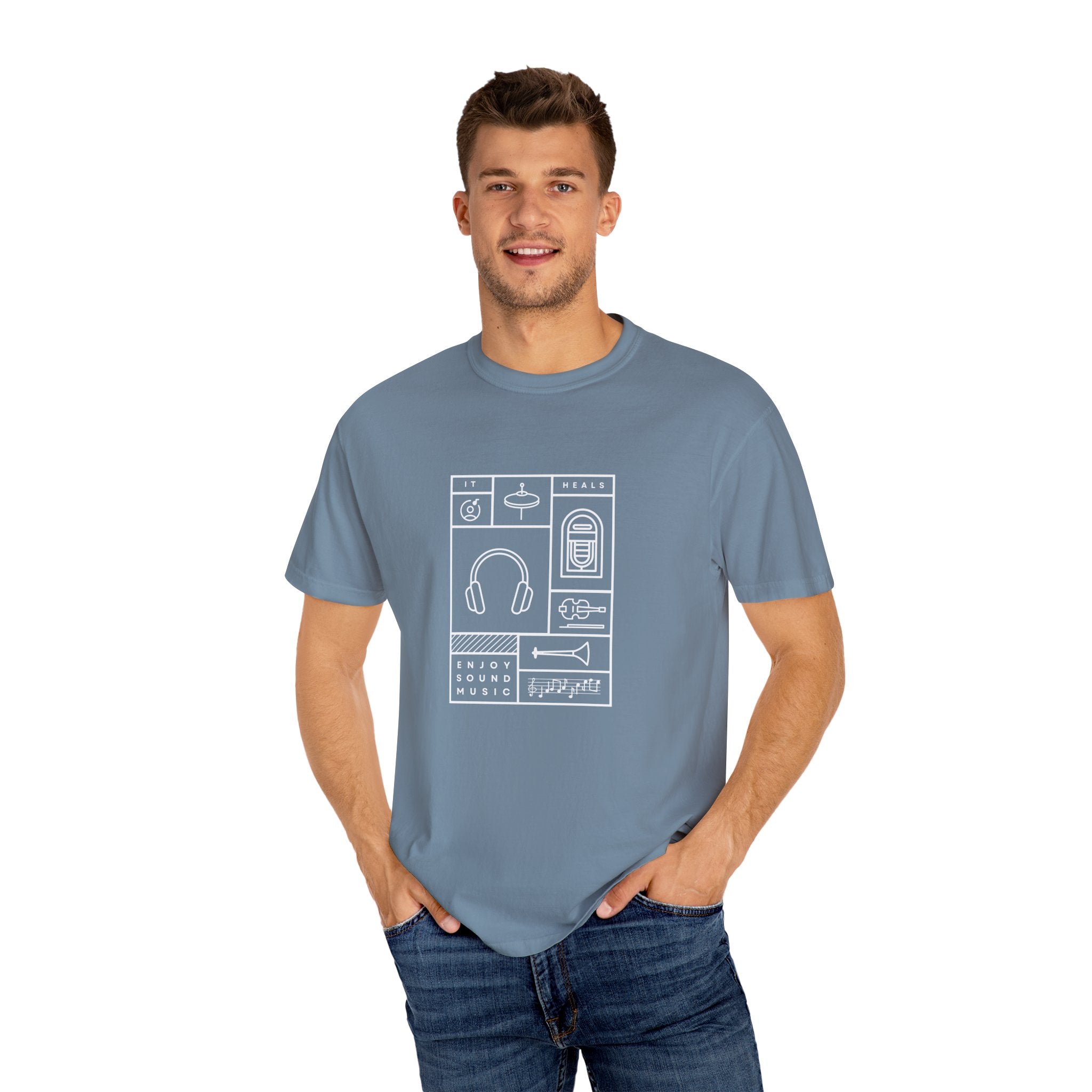 Leafen Music Heals Unisex Garment-Dyed T-shirt, Casual Wear, Summer Vibe, Gift for Friends, Relaxed Everyday Style