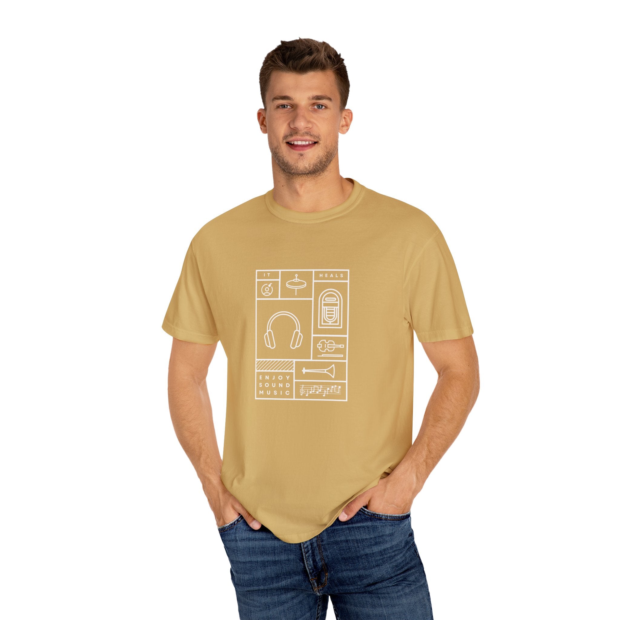 Leafen Music Heals Unisex Garment-Dyed T-shirt, Casual Wear, Summer Vibe, Gift for Friends, Relaxed Everyday Style