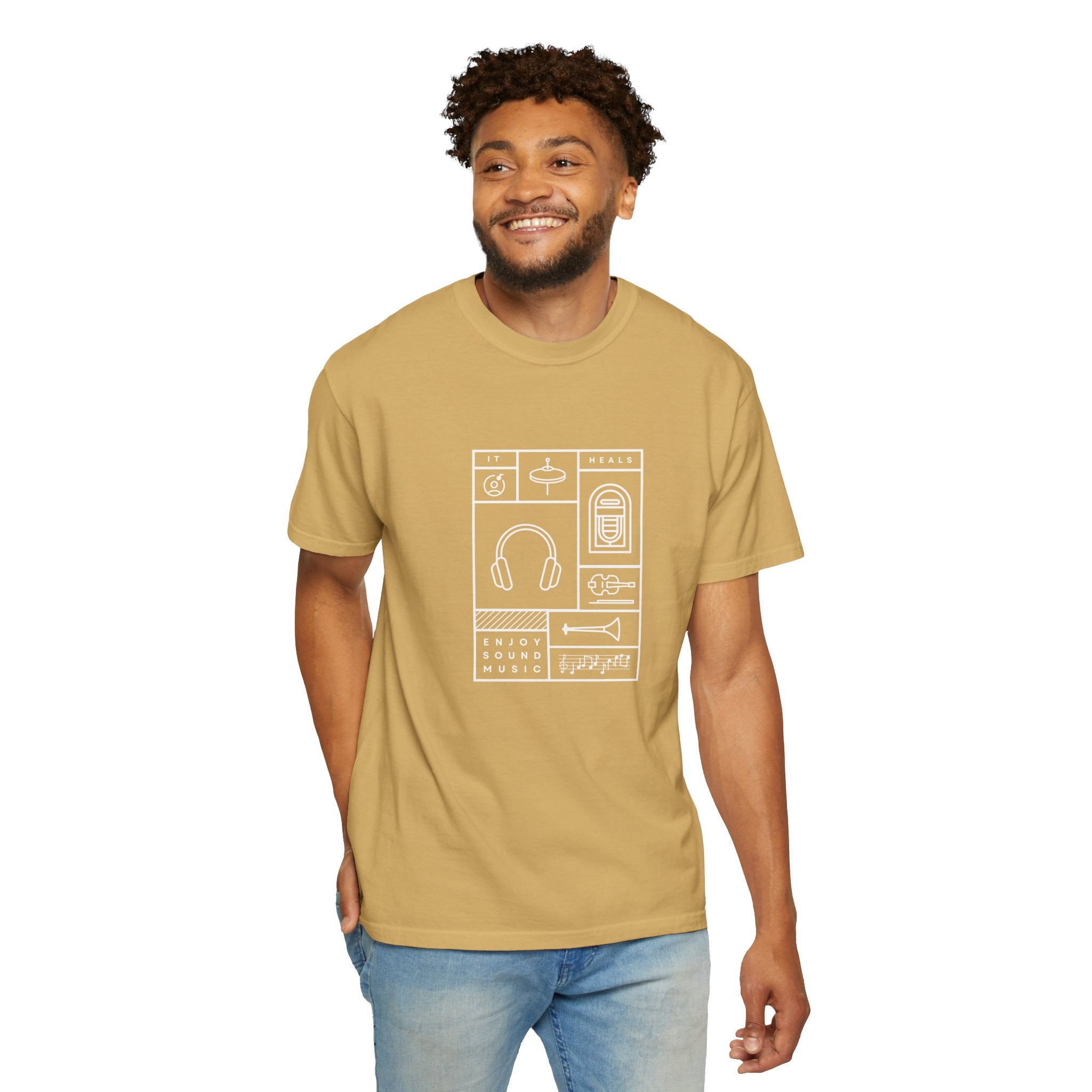 Leafen Music Heals Unisex Garment-Dyed T-shirt, Casual Wear, Summer Vibe, Gift for Friends, Relaxed Everyday Style